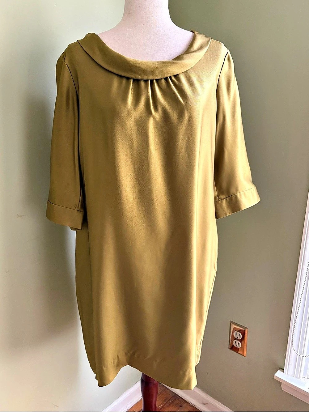 NWT J.Crew Silk Cowl Neck Shift Mini Dress. Chartreuse (goldish green) Size 12